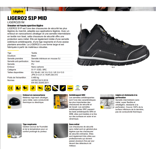 CHAUSSURE DE SECURITE MI-HAUTE ULTRA LEGERE LIGERO